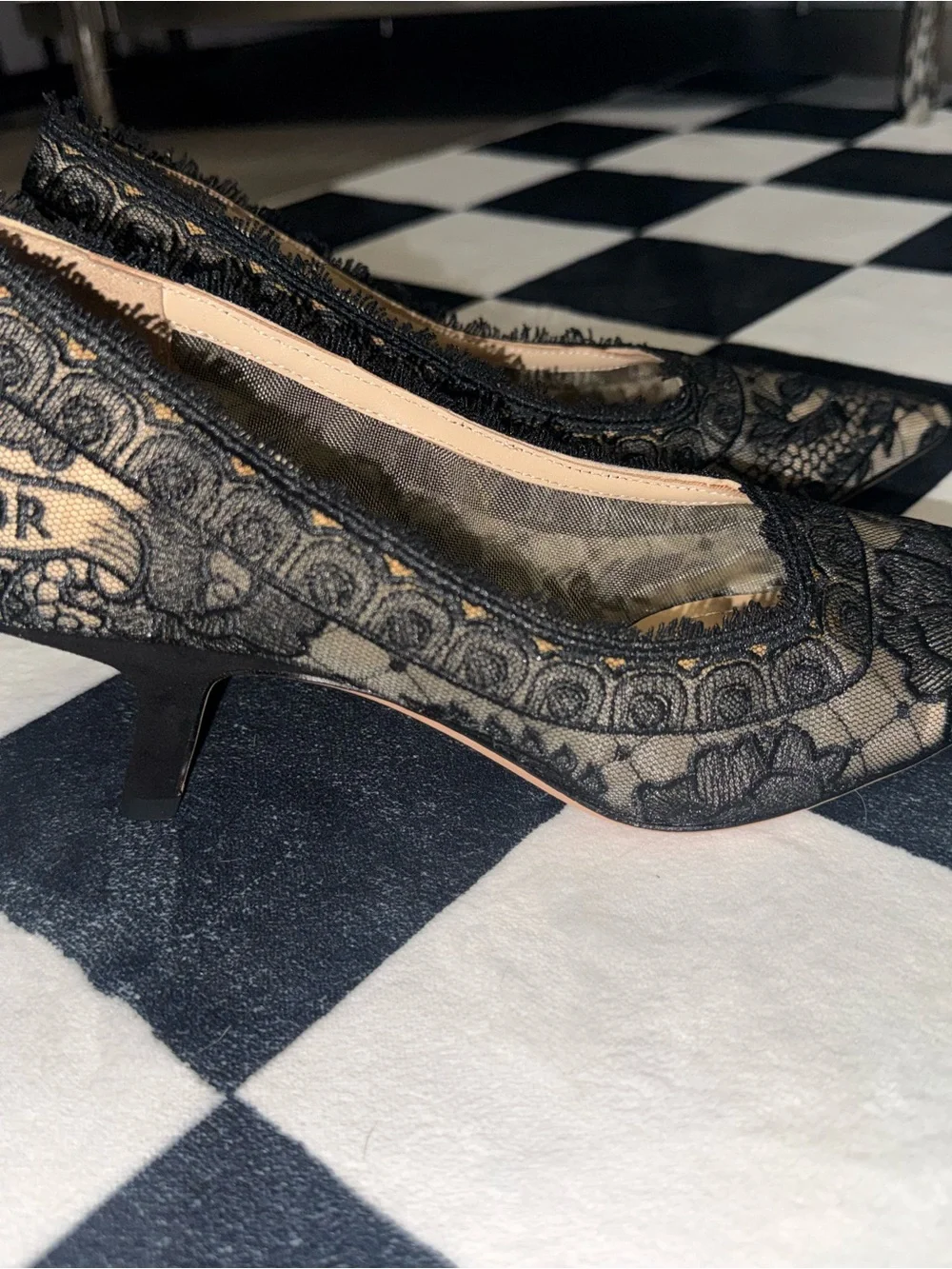 Dior Black Lace Pointed-Toe Heels with Nude Insole